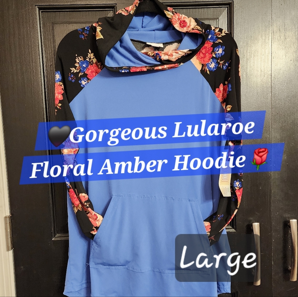 LuLaRoe Amber Hoodie LARGE MEDIUM Floral Slinky Black Blue Colorblock New